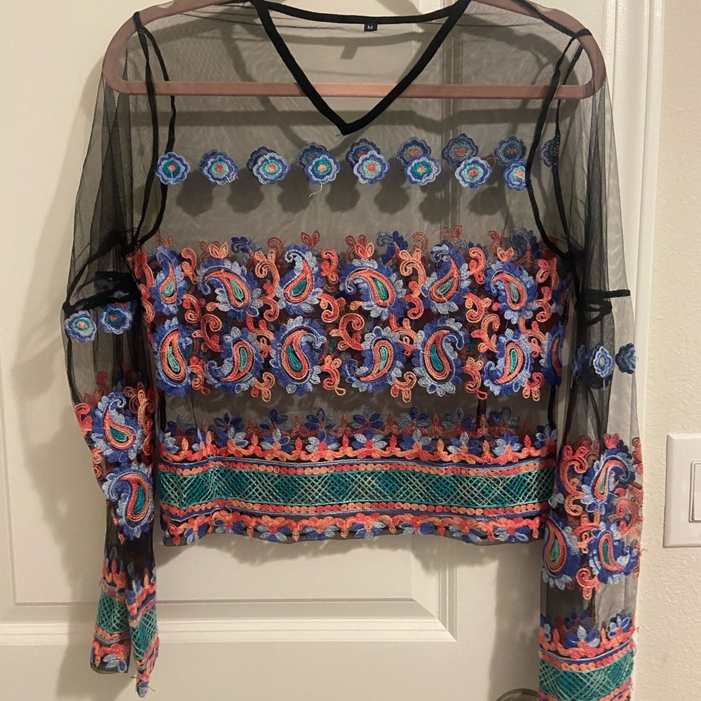 Embroidered Mesh Sheer Black Top